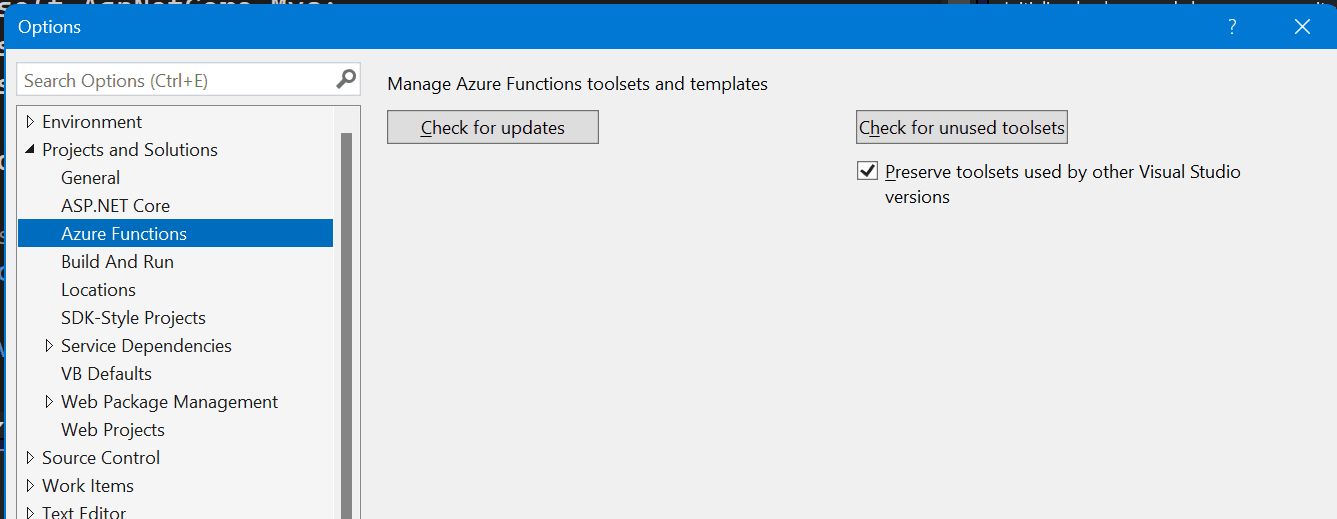 The Azure Functions section within Visual Studio options allowing for checking for updates.